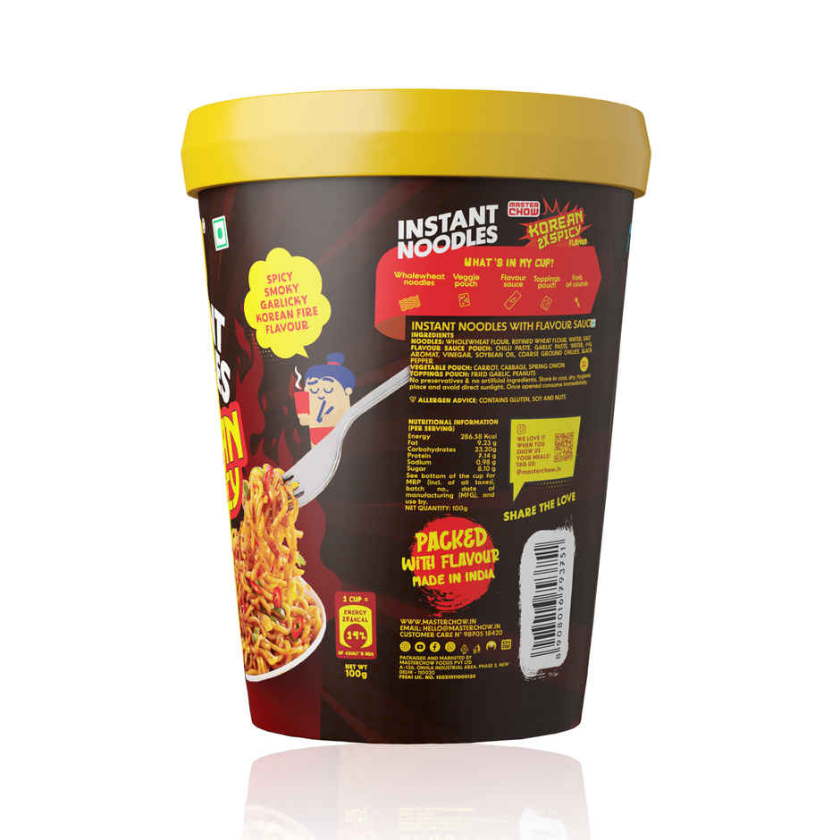 Korean Masterchow Instant Cup Noodles - Korean 2X Spicy Flavour Veg 100.0 Gram(100gms) & Korean Masterchow Instant Cup Noodles - Chow Mein Flavour Veg 100.0 Gram(100gms) Combo