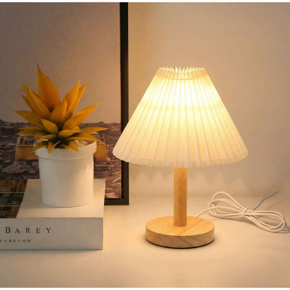 Desidiya DIY Pleated Shade Wooden Table Lamp Home Decor | Lamp for Living Room Warm White