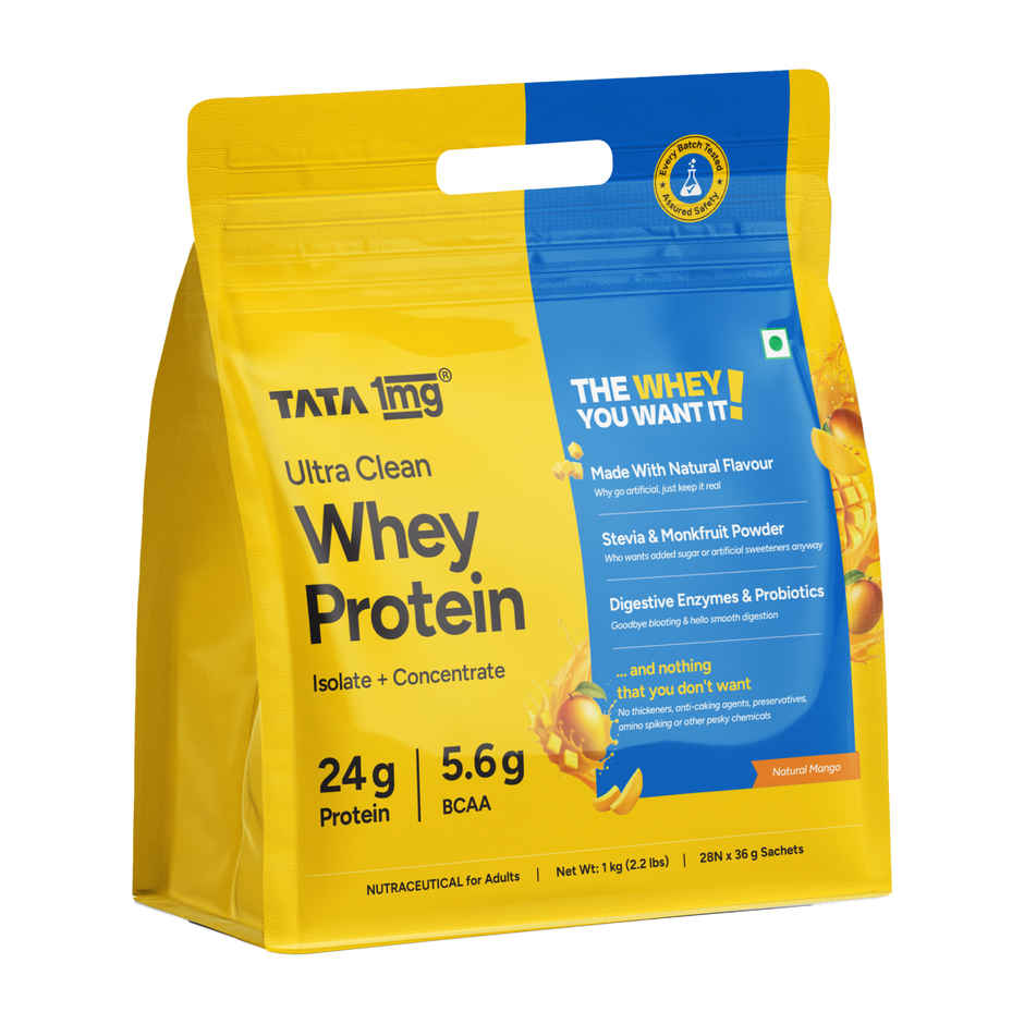 Tata 1mg Ultra Clean Whey Protein | 24g Protein - 5.6g BCAA | Natural Mango