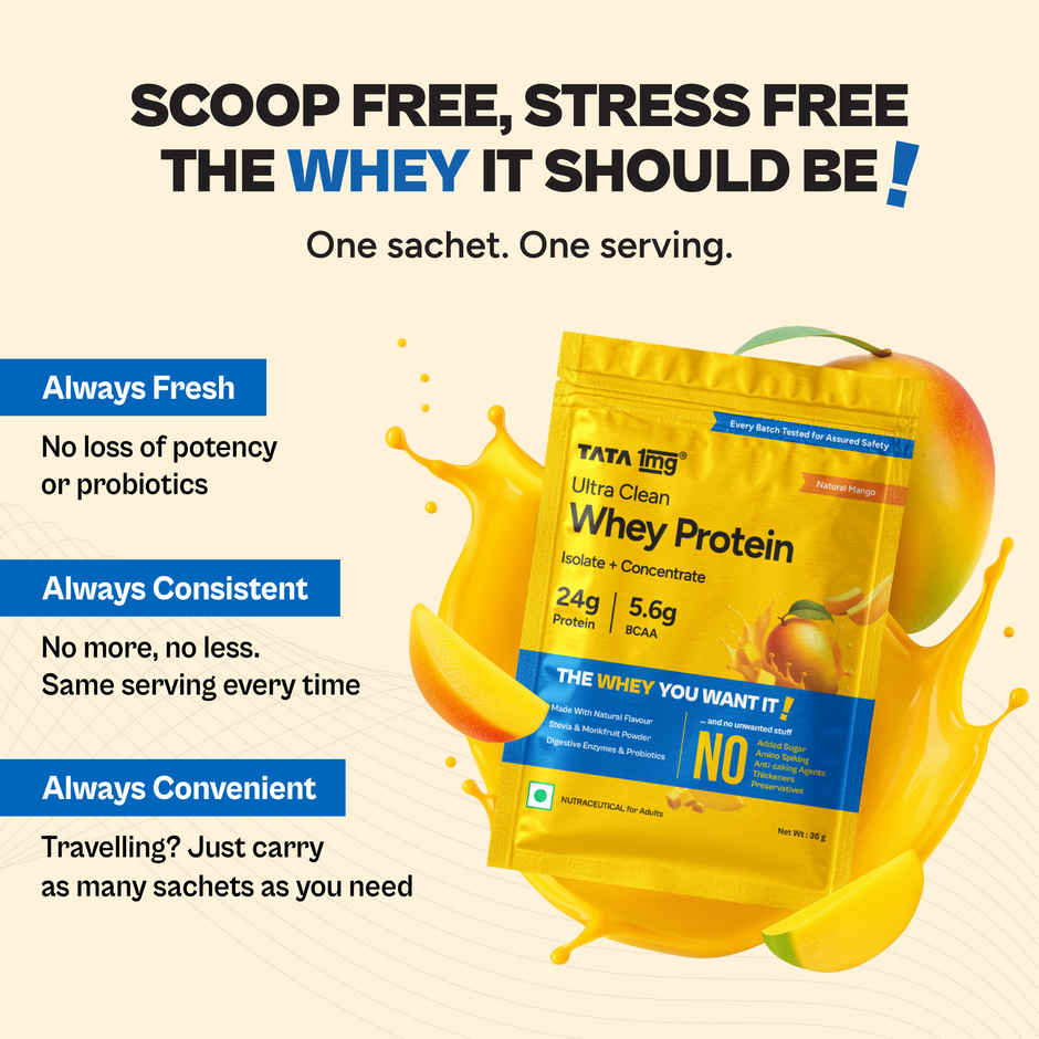 Tata 1mg Ultra Clean Whey Protein | 24g Protein, 5.6g BCAA | Natural Mango | 1 Sachet