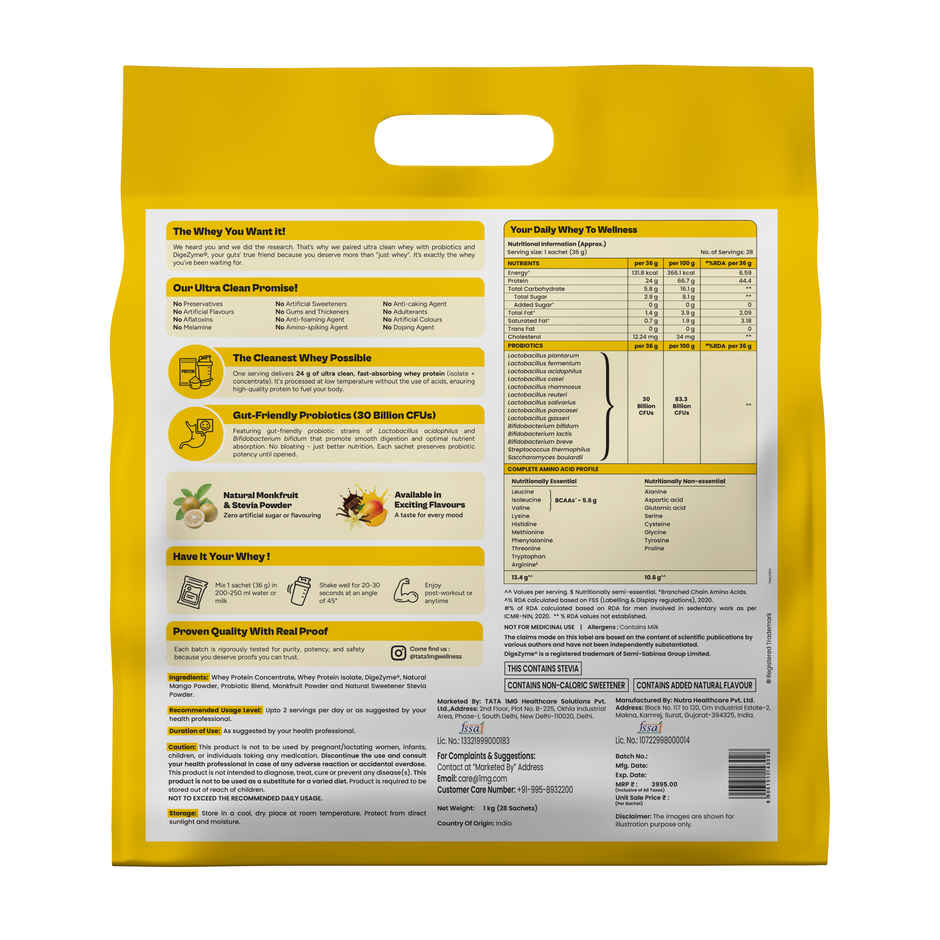 Tata 1mg Ultra Clean Whey Protein | 24g Protein - 5.6g BCAA | Natural Mango