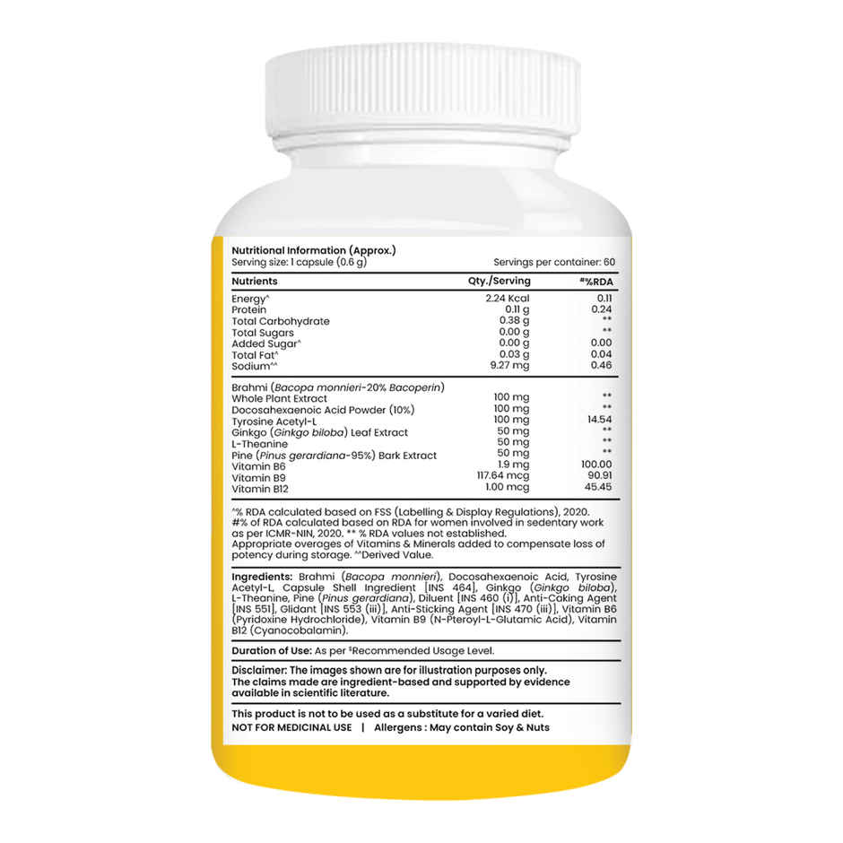 Tata 1mg Brain Formula Vitamin B Complex L Tyrosine Theanine Brahmi Ginkgo Pine Bark Capsule