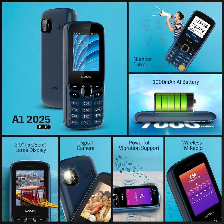 Lava A1 2025 Dual Sim Keypad Mobile | 2" Display | 1000 mAh Battery | Vibration Alert | Blue
