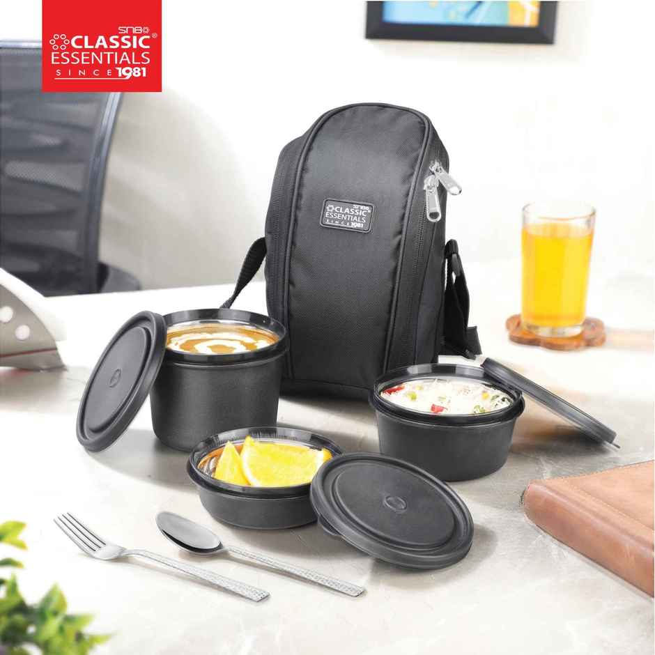 Classic Essentials Microwavable Insulated Lunch Box Set of 3 Bag & cutlery 1250 ml Black