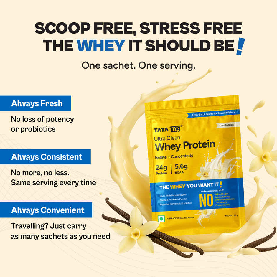 Tata 1mg Ultra Clean Whey Protein | 24g Protein, 5.6g BCAA | Vanilla Bean | 1 Sachet