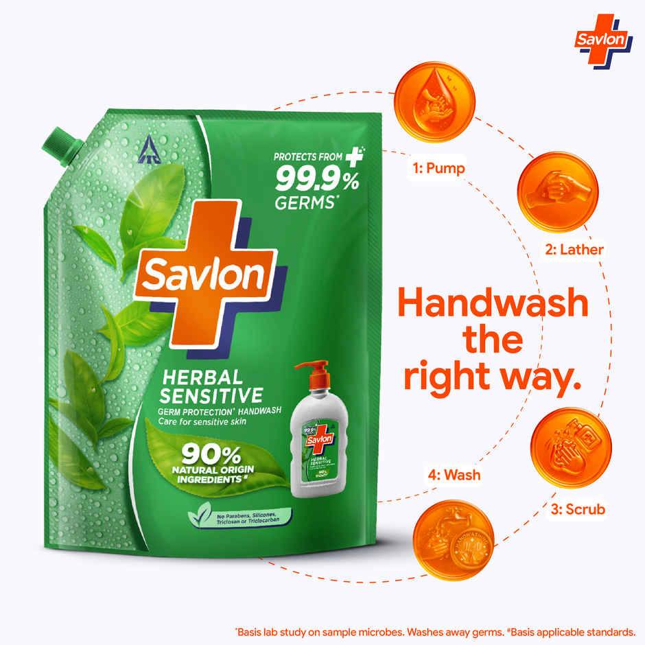 Savlon Herbal Sensitive Handwash Refill Pack 1.3L| Care for sensitive hands|Value Pack