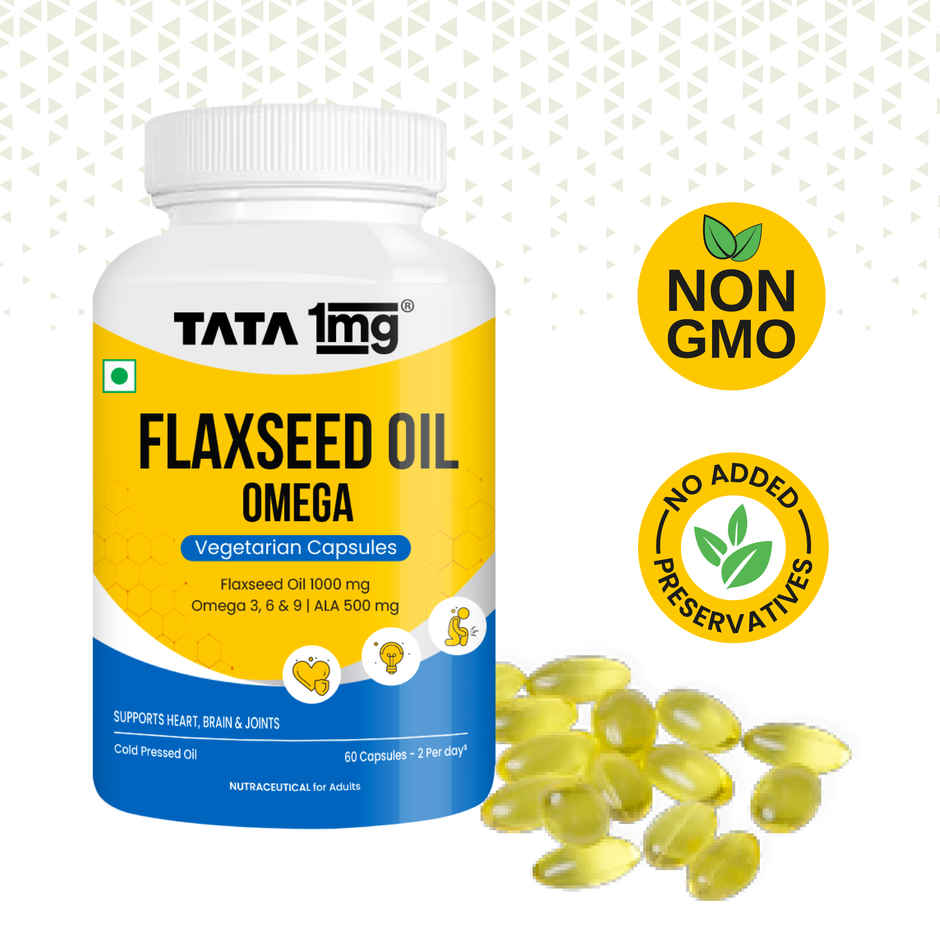 Tata 1mg Flaxseed Oil | 1000 mg Veg Capsules | Omega 3 6 9 Fatty Acid | Supports Heart Health