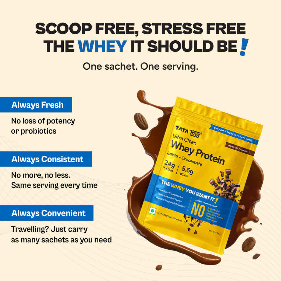 Tata 1mg Ultra Clean Whey Protein | 24g Protein, 5.6g BCAA | Hazelnut Chocolate | 1 Sachet