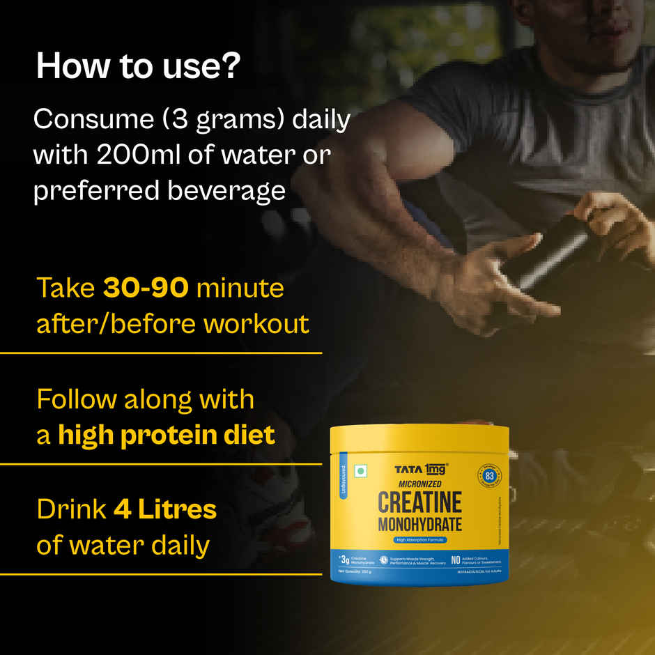 Tata 1mg Creatine Monohydrate | Each Batch tested DCT& DHT Safe | Fast Absorption | Unflavoured