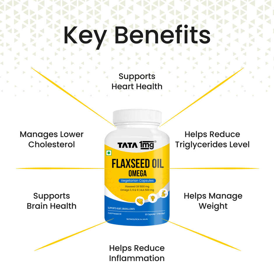 Tata 1mg Flaxseed Oil | 1000 mg Veg Capsules | Omega 3 6 9 Fatty Acid | Supports Heart Health