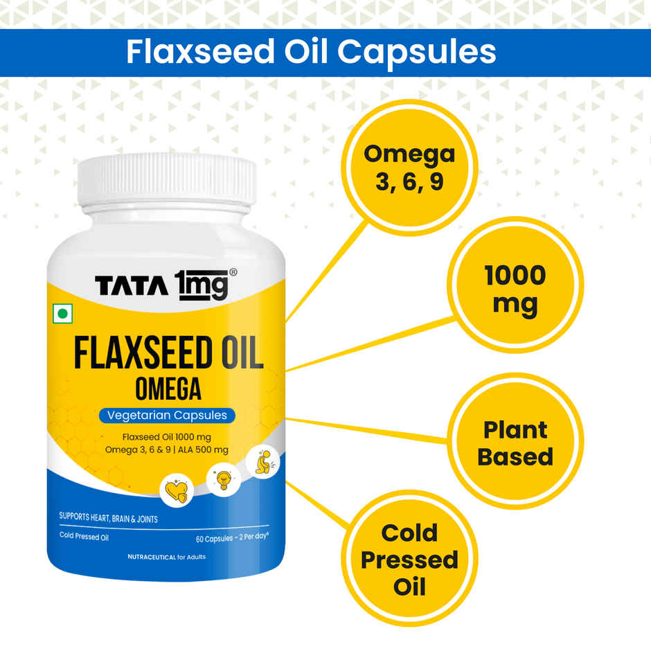 Tata 1mg Flaxseed Oil | 1000 mg Veg Capsules | Omega 3 6 9 Fatty Acid | Supports Heart Health