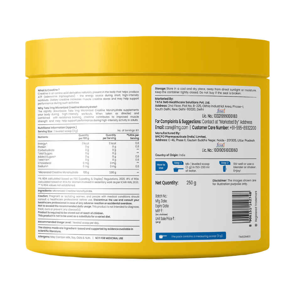 Tata 1mg Creatine Monohydrate | Each Batch tested DCT& DHT Safe | Fast Absorption | Unflavoured