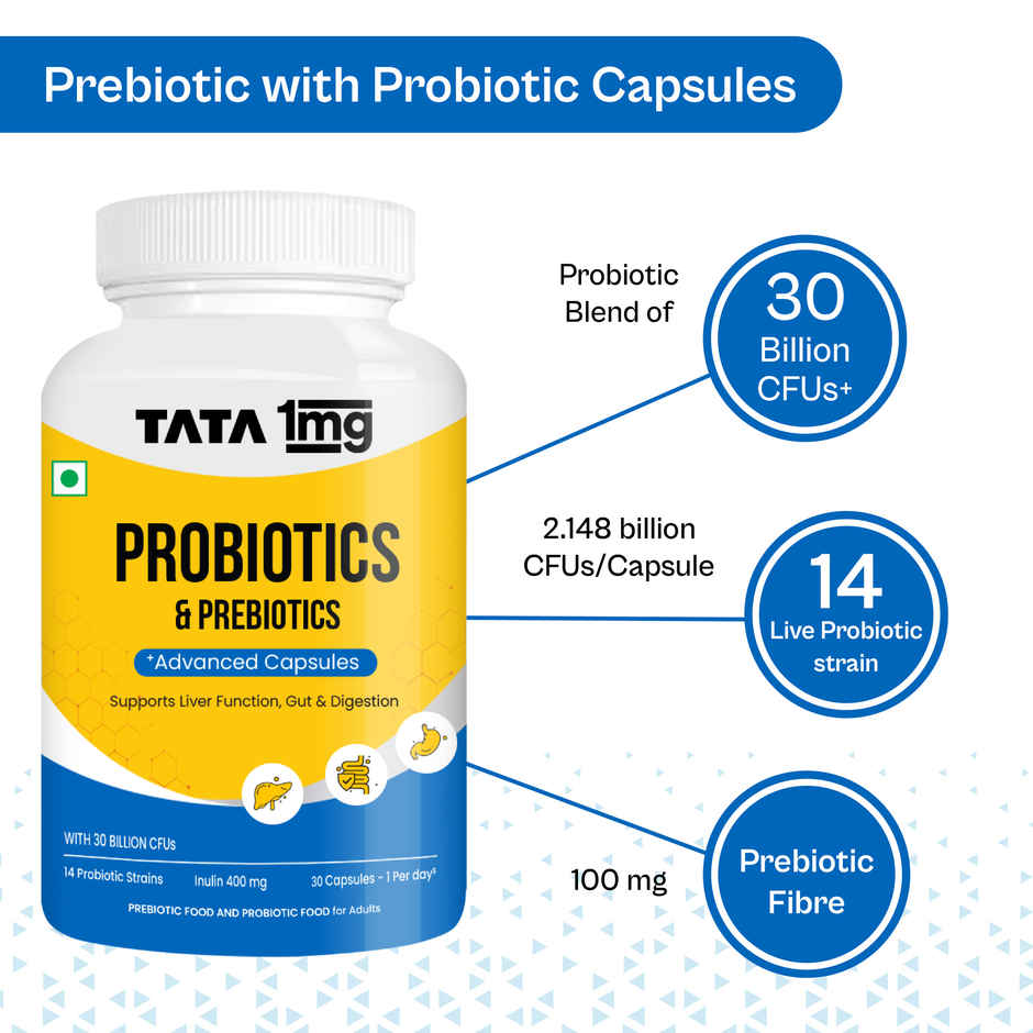 Tata 1mg Probiotics 30 Billion Cfus+ Capsule With Prebiotic Fibre Pack Of 30 Capsules