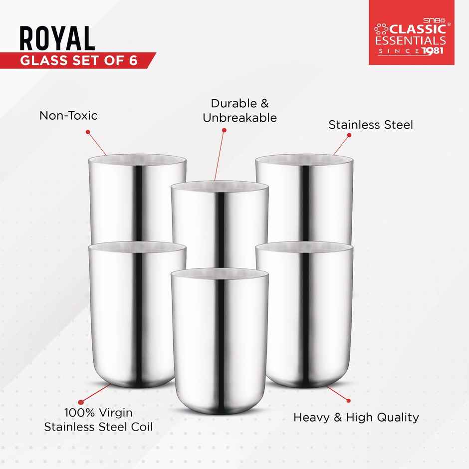 Classic Essentials Steel Silver Glass Set Pack of 6, 300 ml Water/Juice Capacity