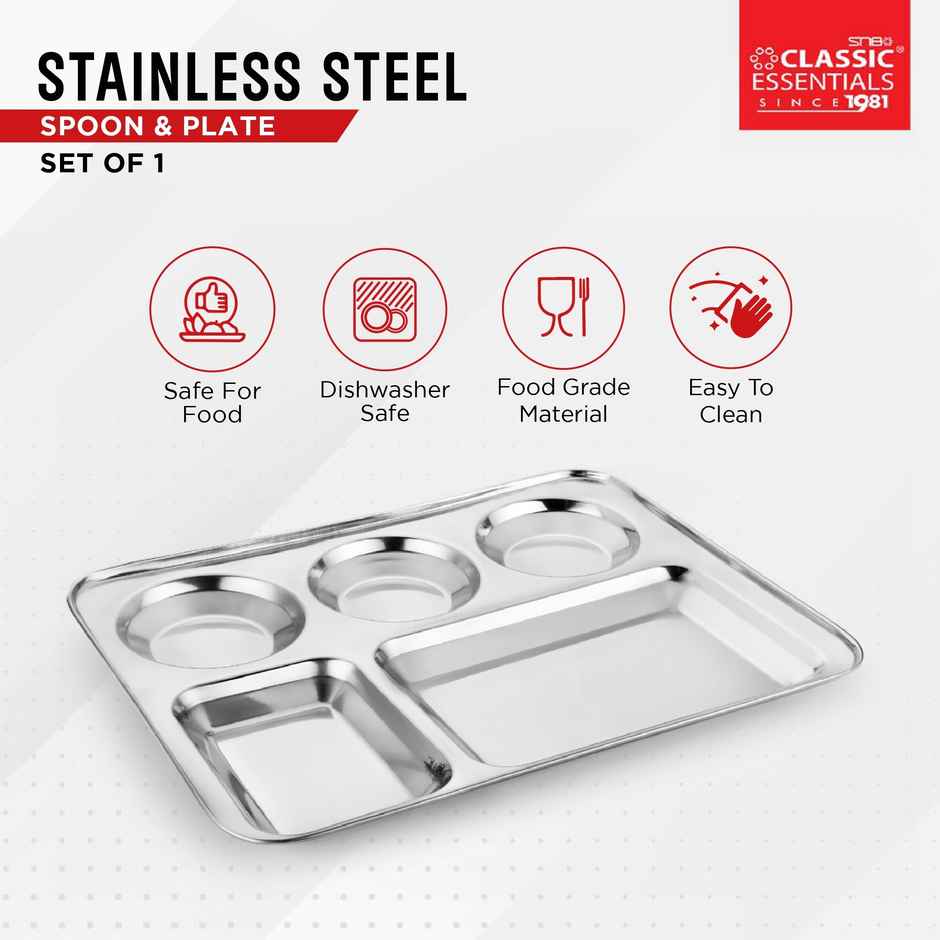 Classic Essentials Stainless Steel 5in1 Compartments Bhojan Thali/dinner Plate