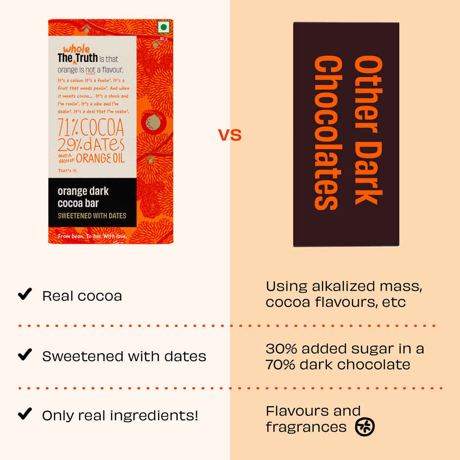 The Whole Truth Dark Cocoa Bar - Orange | 80 g | Sweetened With dates