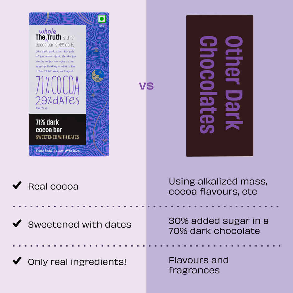 The Whole Truth Dark Cocoa Bar- 71% Dark | 80 g | Sweetened with dates