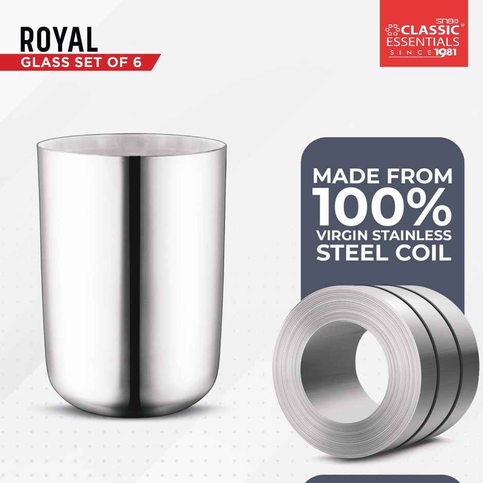 Classic Essentials Steel Silver Glass Set Pack of 6, 300 ml Water/Juice Capacity