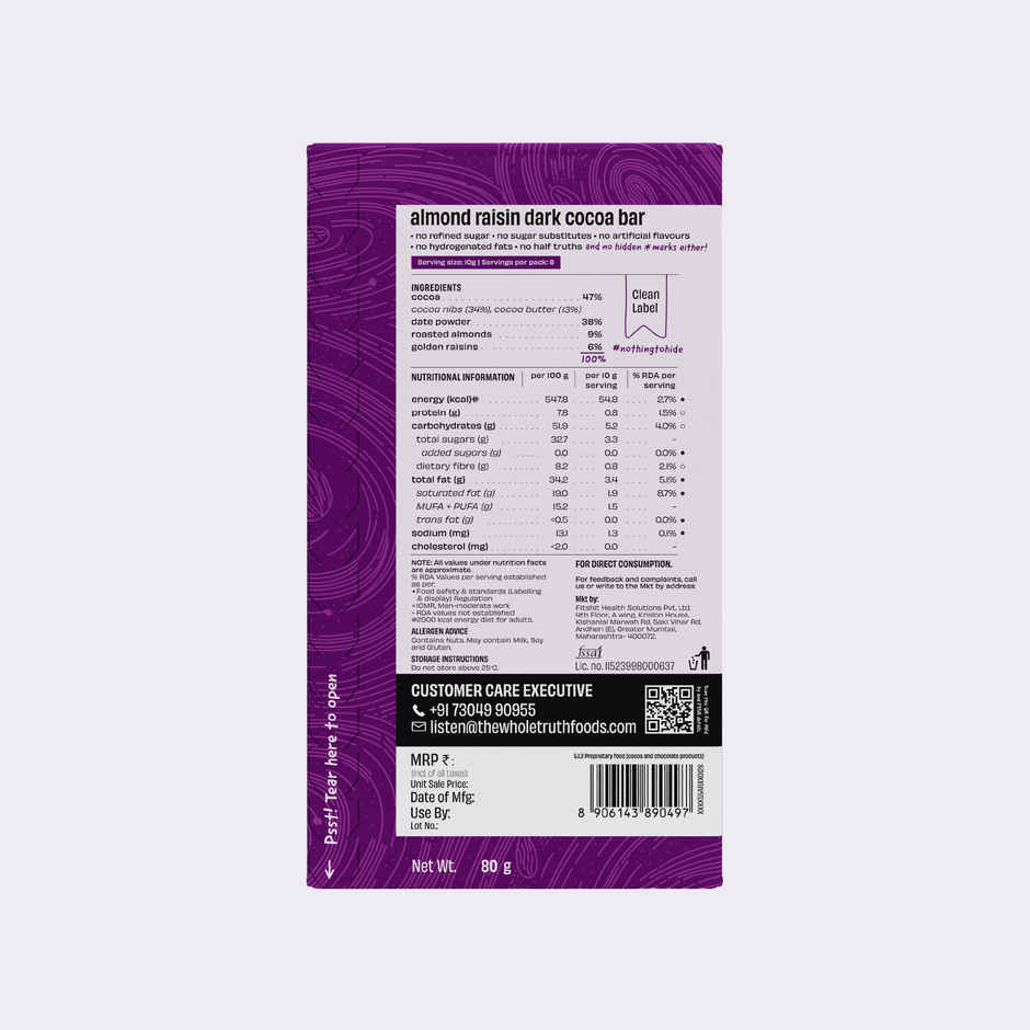 The Whole Truth Dark Cocoa Bar - Almond Raisin | 80 g | Sweetened with dates