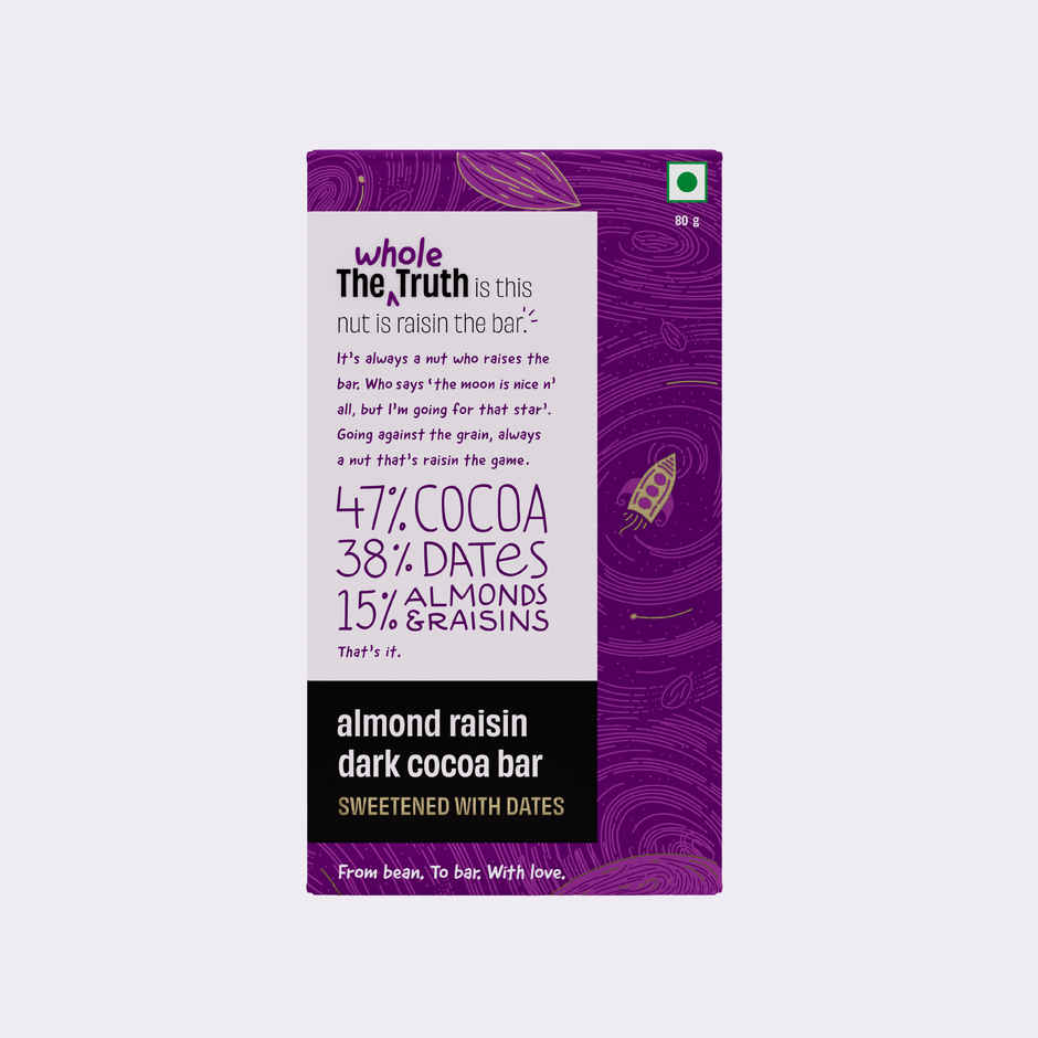 The Whole Truth Dark Cocoa Bar - Almond Raisin | 80 g | Sweetened with dates