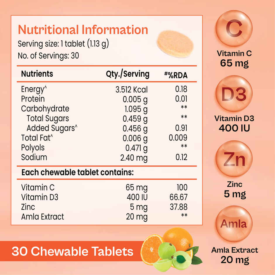 Tata 1mg Vitamin C D3 Zinc Amla Extract Chewable Tablet Supports Immunity Mineral Supplement