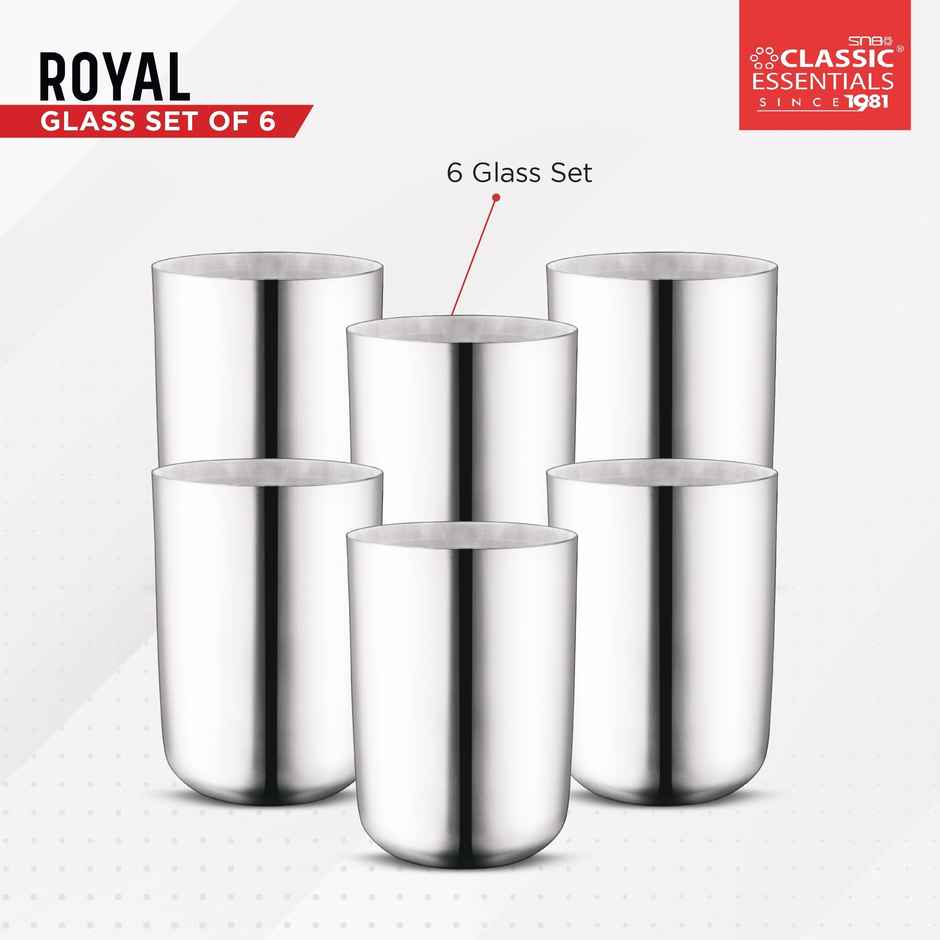 Classic Essentials Steel Silver Glass Set Pack of 6, 300 ml Water/Juice Capacity