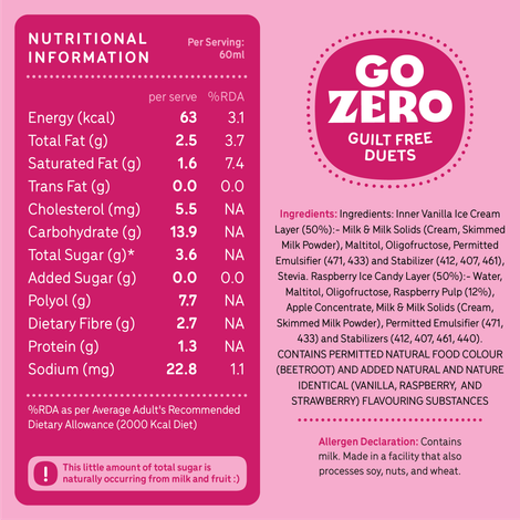 Go Zero Raspberry Duet Low Calorie Guilt Free Ice Cream Stick