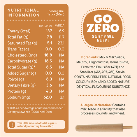 Go Zero Malai Kulfi Low Calorie Guilt Free Ice Cream Stick