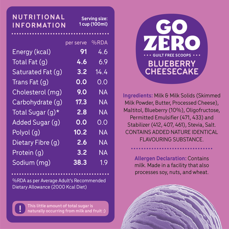 Go Zero Blueberry Cheesecake Low Calorie Guilt Free Ice Cream Cup