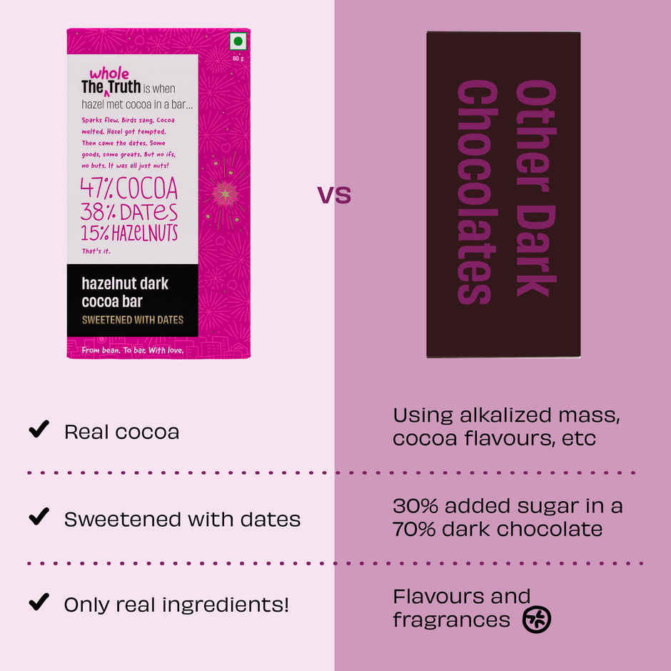The Whole Truth Dark Cocoa Bar - Hazelnut | 80 g | Sweetened with dates