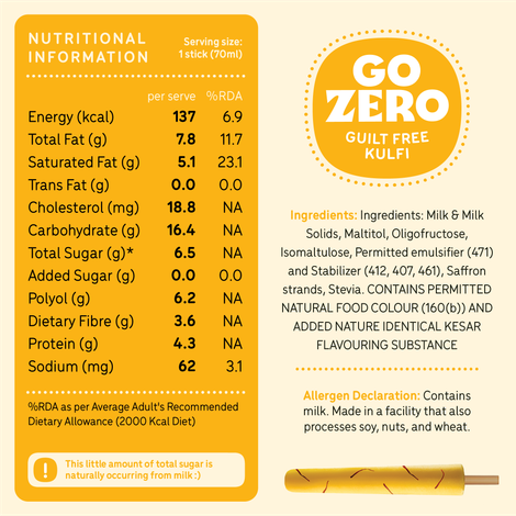 Go Zero Kesar Kulfi Low Calorie Guilt Free Ice Cream Stick