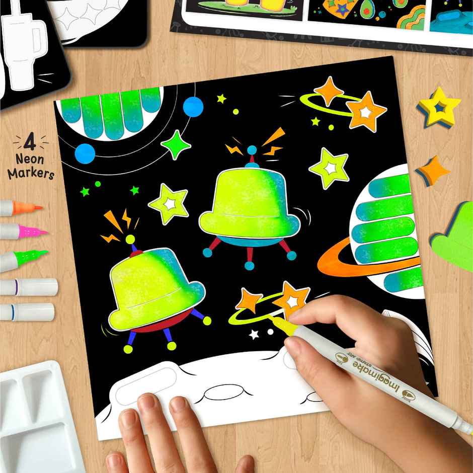 Imagimake DIY Neon Art Kit Painting and Coloring Kit with Neon Brush Pens and Stamps