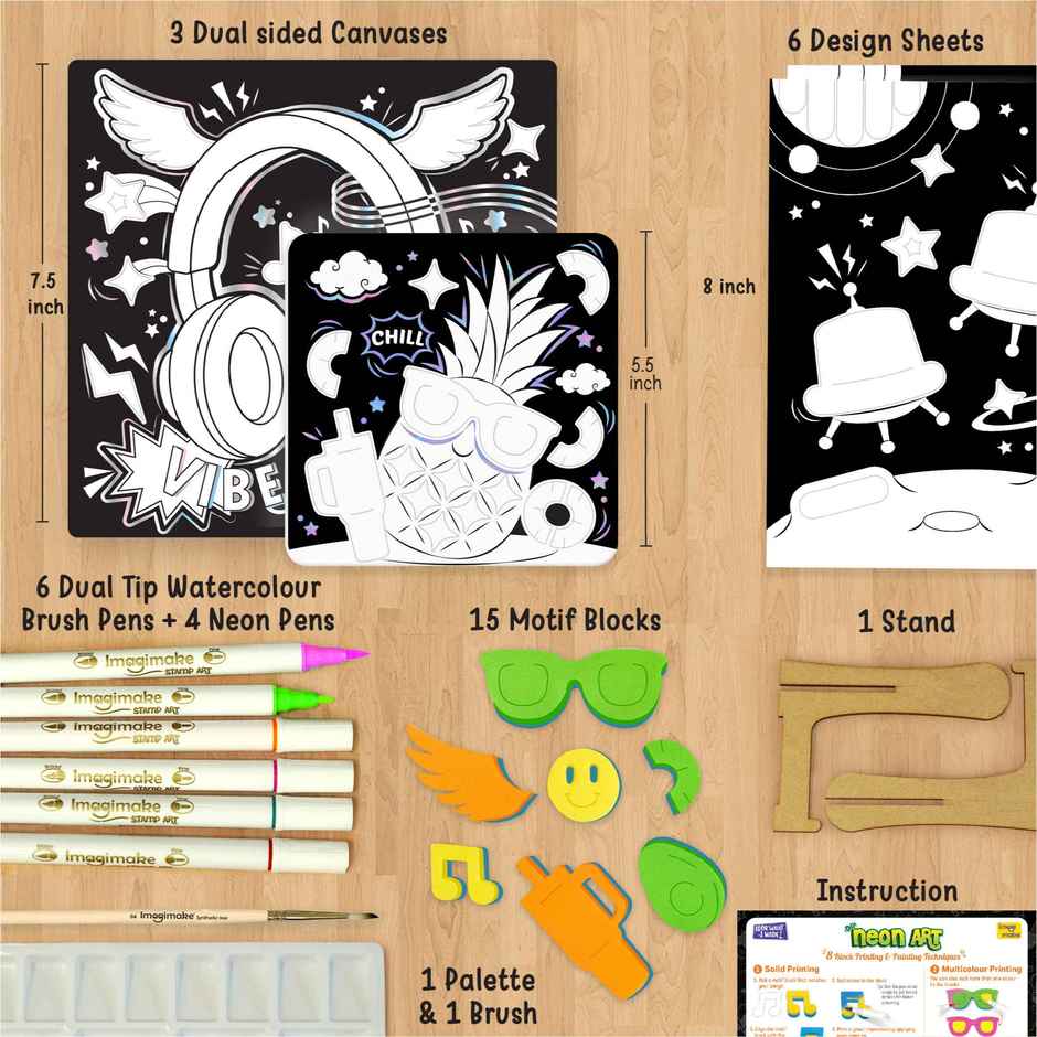 Imagimake DIY Neon Art Kit Painting and Coloring Kit with Neon Brush Pens and Stamps