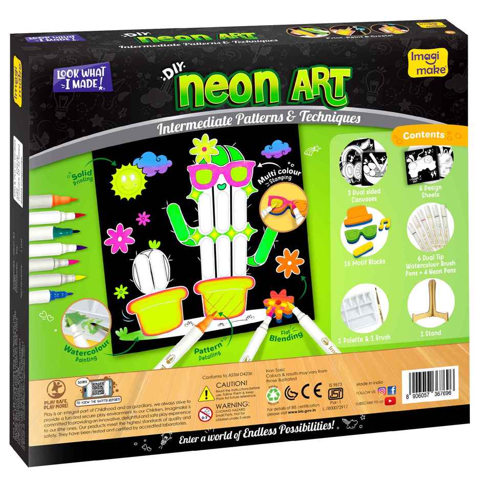 Imagimake DIY Neon Art Kit Painting and Coloring Kit with Neon Brush Pens and Stamps
