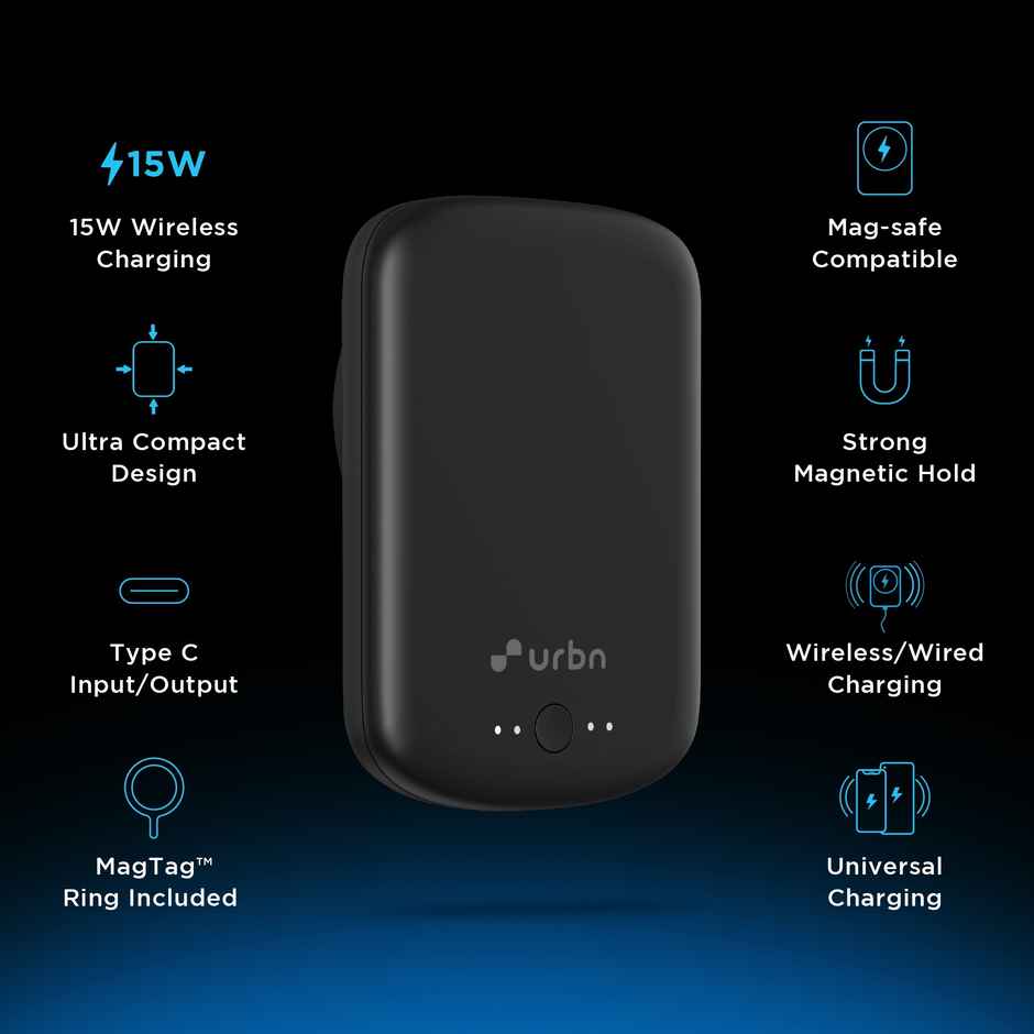 URBN 5000 Mah Premium Magsafe Power Bank | 15W Fast Wireless Charging |Strong Magnetic Hold | Type C Micro USB Input/Output | Pass Through Charging | Magtag Ring Included - Black