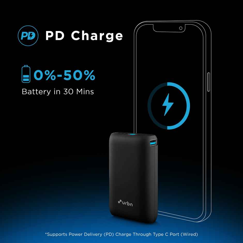 URBN Nano 10000 mAh 20W Fast Charging Wired Power Bank (1 Type A & 1 Type C, 12 Layer Circuit Protection) - Black