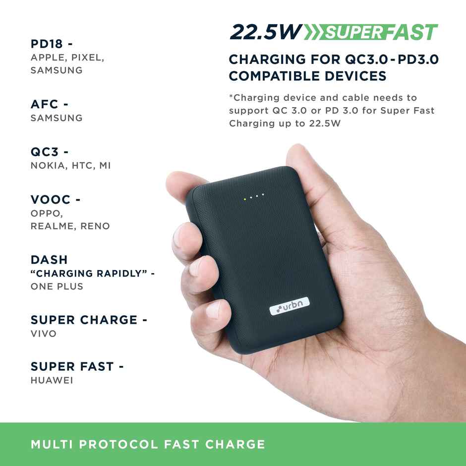 URBN 10000 mAh 22.5W Super Fast Charging Ultra Compact Power Bank(Blue)