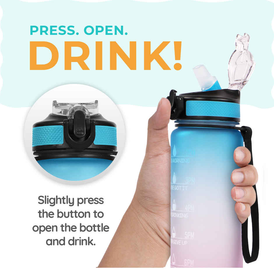 Solara 100% BPA Free Tritan Plastic Water Bottle with Time Markings | Blue and Fuschia | 1 L