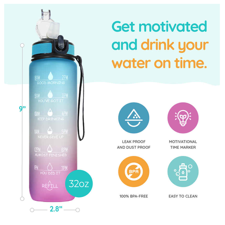 Solara 100% BPA Free Tritan Plastic Water Bottle with Time Markings | Blue and Fuschia | 1 L