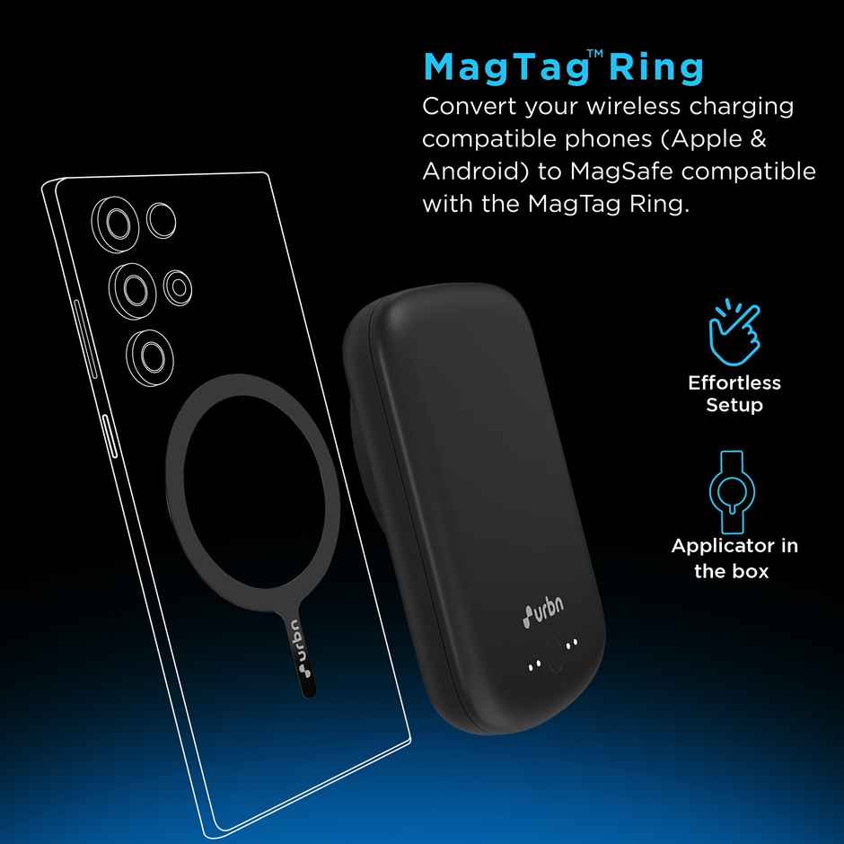 URBN 5000 Mah Premium Magsafe Power Bank | 15W Fast Wireless Charging |Strong Magnetic Hold | Type C Micro USB Input/Output | Pass Through Charging | Magtag Ring Included - Black