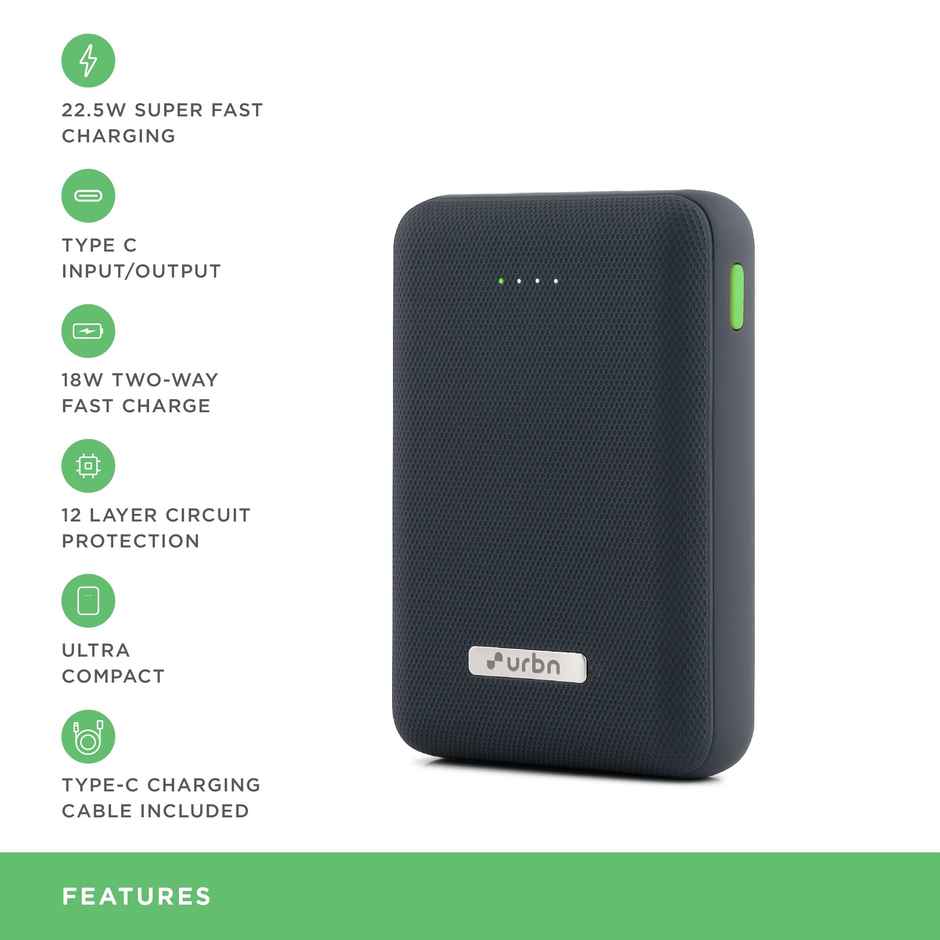 URBN 10000 mAh 22.5W Super Fast Charging Ultra Compact Power Bank(Blue)
