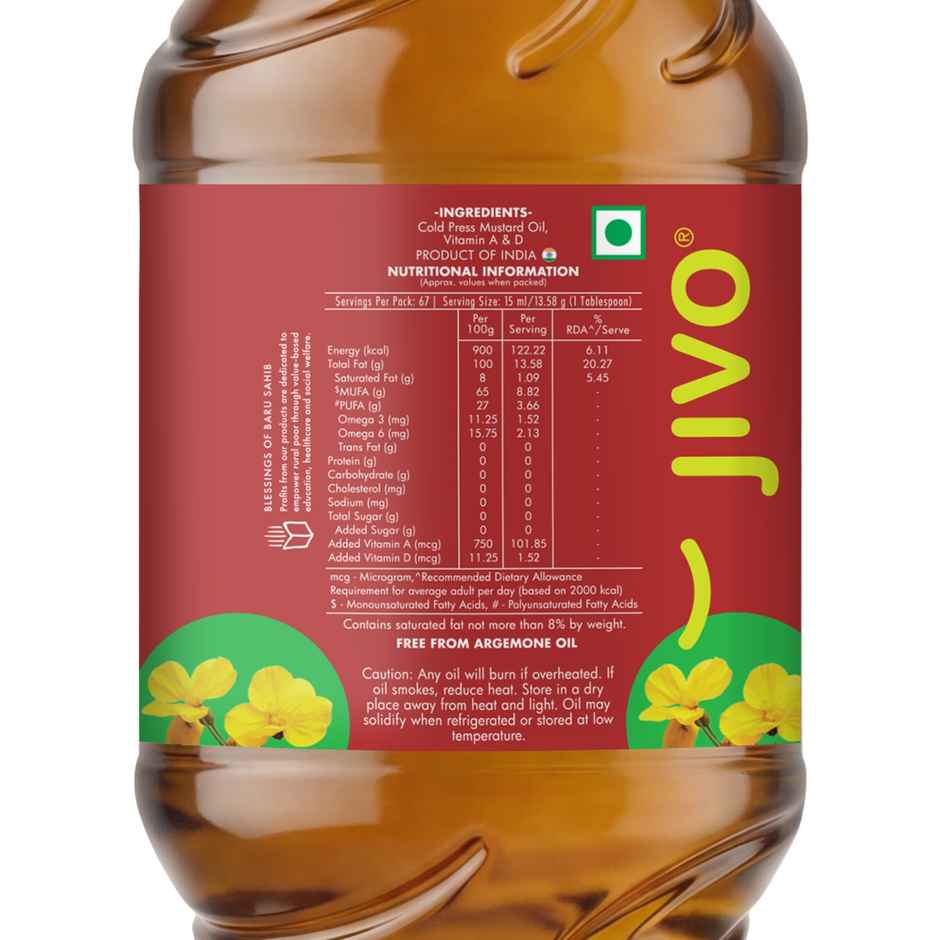 Jivo Kachi Ghani Mustard (Sarson) Cold Pressed Oil | Vitamin Fortified Cooking Oil
