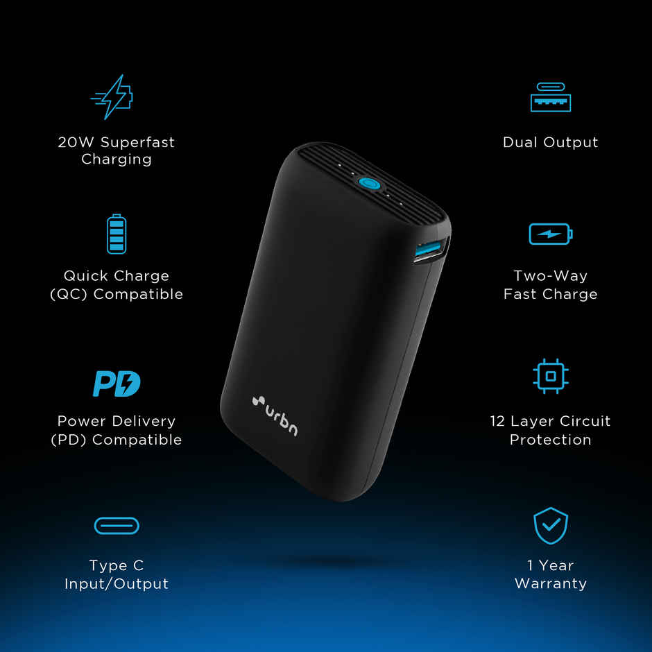URBN Nano 10000 mAh 20W Fast Charging Wired Power Bank (1 Type A & 1 Type C, 12 Layer Circuit Protection) - Black