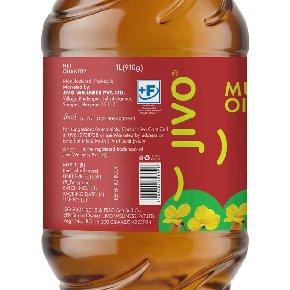 Jivo Kachi Ghani Mustard (Sarson) Cold Pressed Oil | Vitamin Fortified Cooking Oil