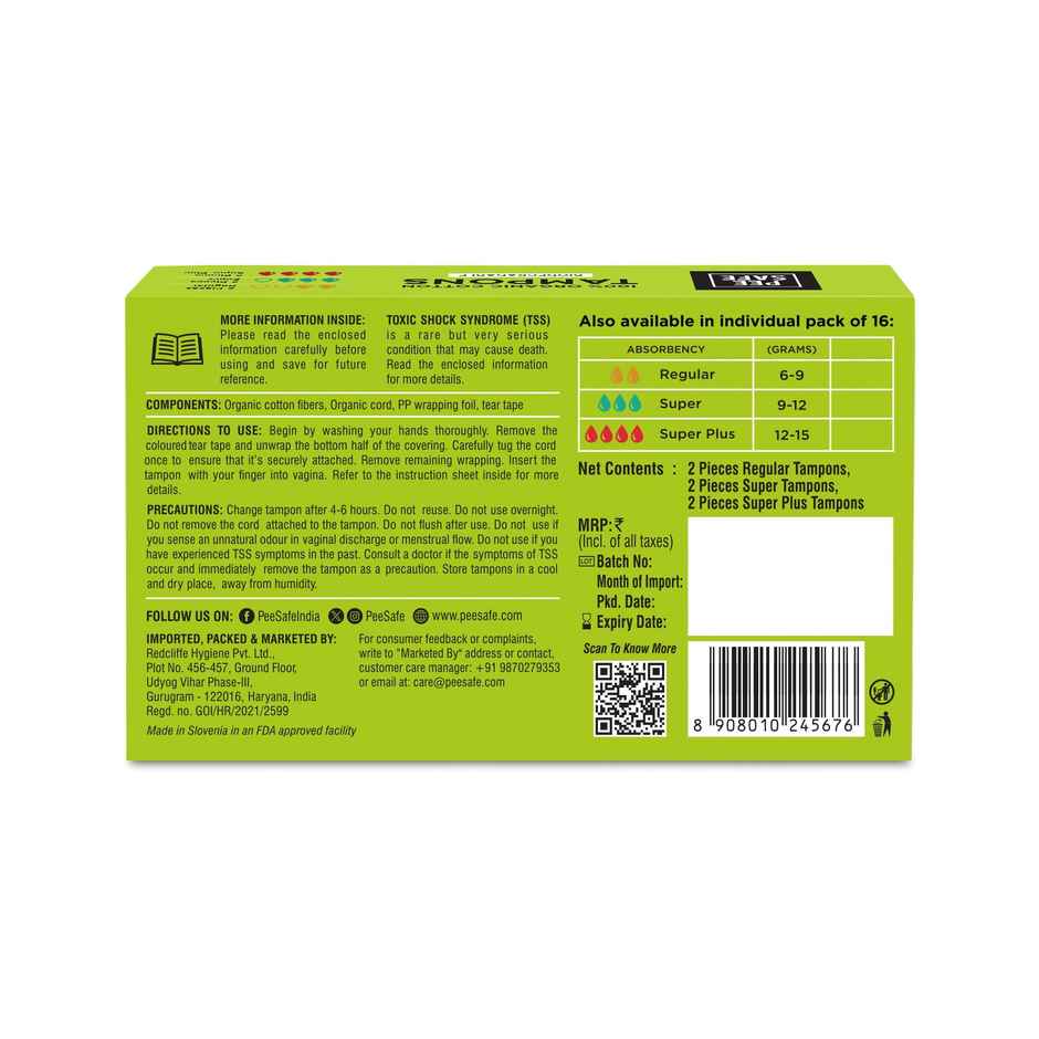 Pee Safe Trial Pack Biodegradable Organic Cotton Tampons
