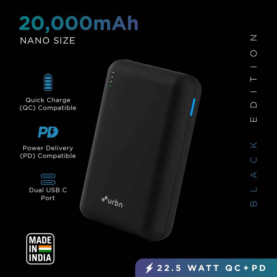 URBN 20000 mAh Premium Black Edition Nano Power Bank | 22.5W Super Fast Charging (Black)