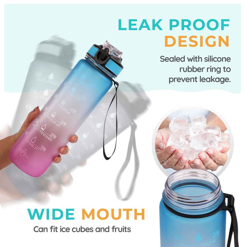 Solara 100% BPA Free Tritan Plastic Water Bottle with Time Markings | Blue and Fuschia | 1 L