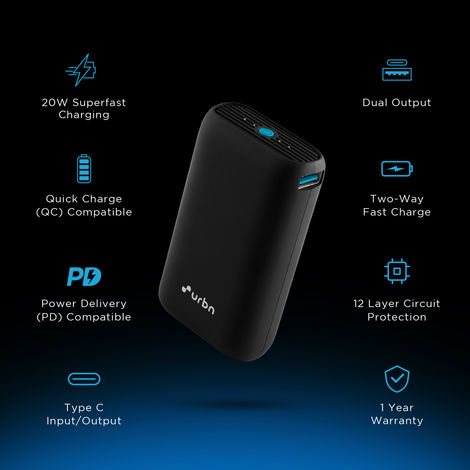 URBN 10000 mAh 20W Super Fast Charging Nano Power Bank with EV-Batteries,Type C Input/Output (Black)