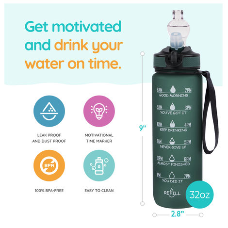 Solara 100% BPA Free Tritan Plastic Water Bottle with Time Markings | Hunter Green - 1 L