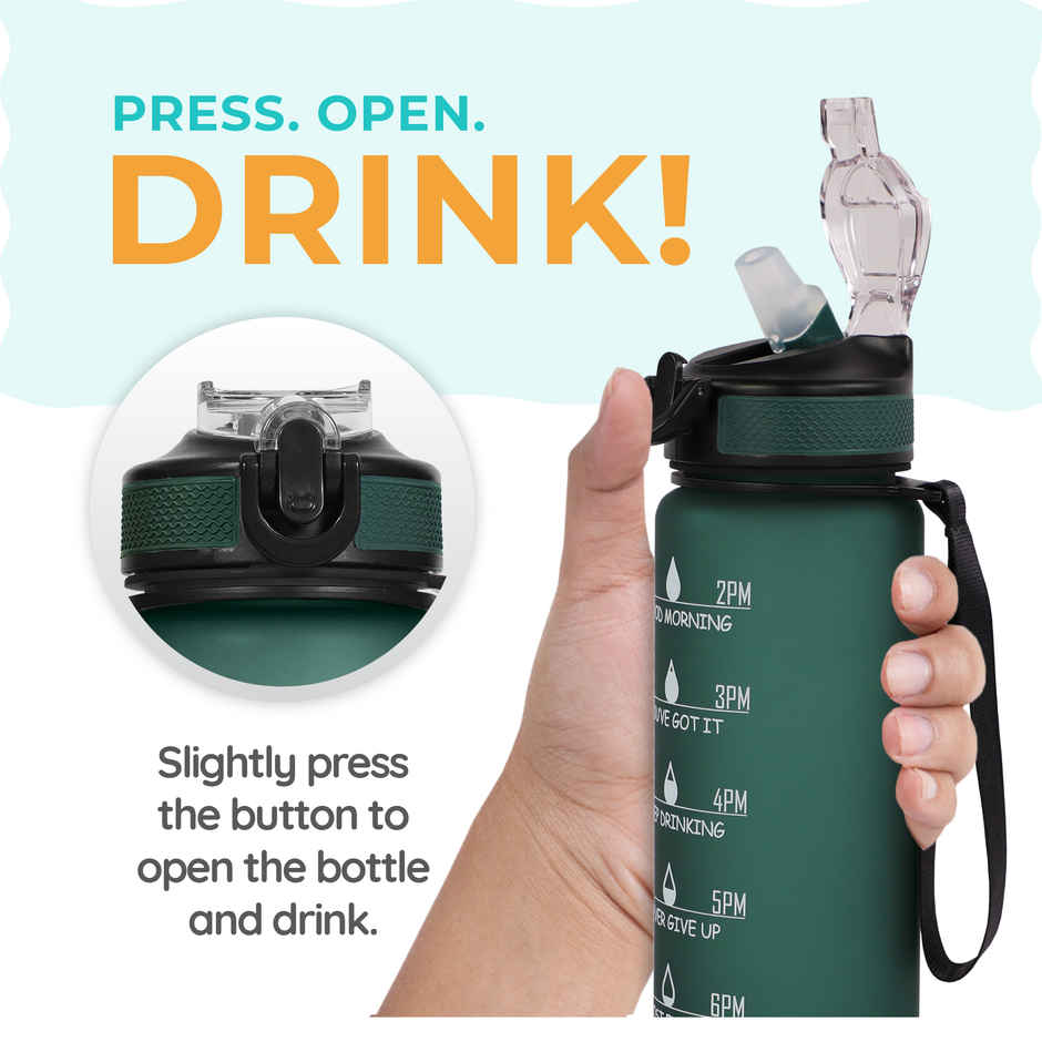 Solara 100% BPA Free Tritan Plastic Water Bottle with Time Markings | Hunter Green | 1 L